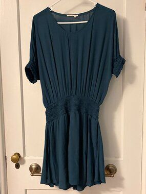 Anthropologie Floreat Azriel teal blue dolman sleeve ruched waist mini dress